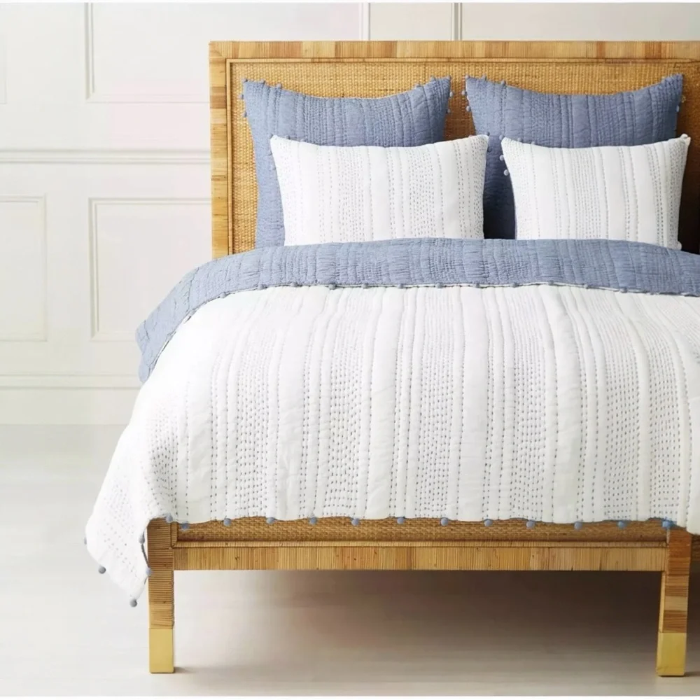 Serena & Lily Sham Ryebrook Dusty Blue White Pom Pom Euro Square